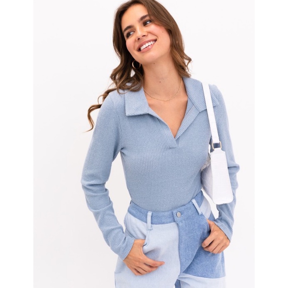 Fall Baby Blue Brushed Bodysuit with Collar Long Sleeve Tops Casual Basics